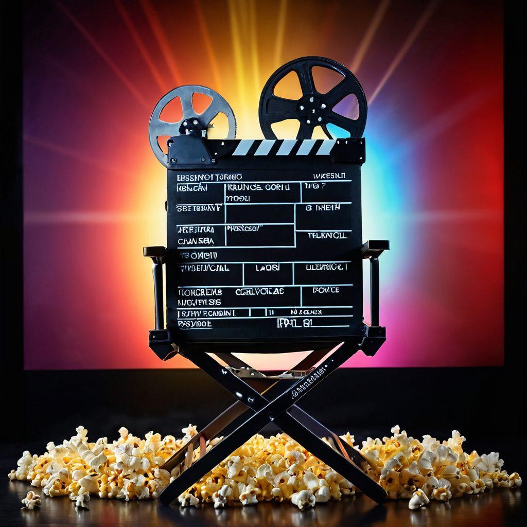A cinematic collage featuring a glowing film reel and a director's chair set against a vibrant movie theater backdrop. Incorporate elements like clapperboards, popcorn, and images of diverse actors in action, representing the latest film trends. The scene should evoke excitement and anticipation, suggesting a journey through the world of movies. super-realistic. vibrant colors. dynamic composition.