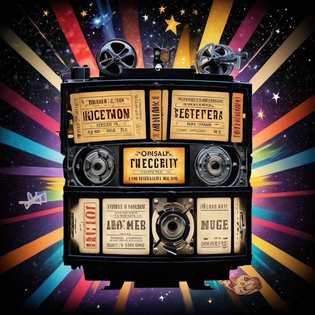 A whimsical collage of iconic film scenes featuring a glowing movie ticket, film reels intertwined with vibrant magic sparkles, and a vintage projector casting colorful beams of light. Include famous characters peeking from the edges, overlaid with warm, inviting colors to evoke nostalgia and excitement. The background should have a starry night sky to enhance the magical feel. super-realistic. vibrant colors. dark background.