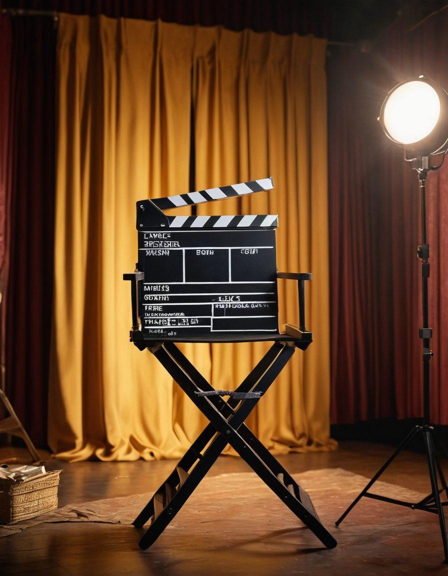 A dramatic backstage scene with film reels, a director's chair, and a vintage clapperboard, illuminated by soft golden lights. In the background, large curtains are drawn aside, revealing a partially set film scene with actors in costume. Capture the essence of creativity and collaboration with crew members adjusting lights and cameras, showcasing the art of storytelling in filmmaking. super-realistic. vibrant colors. cinematic lighting.